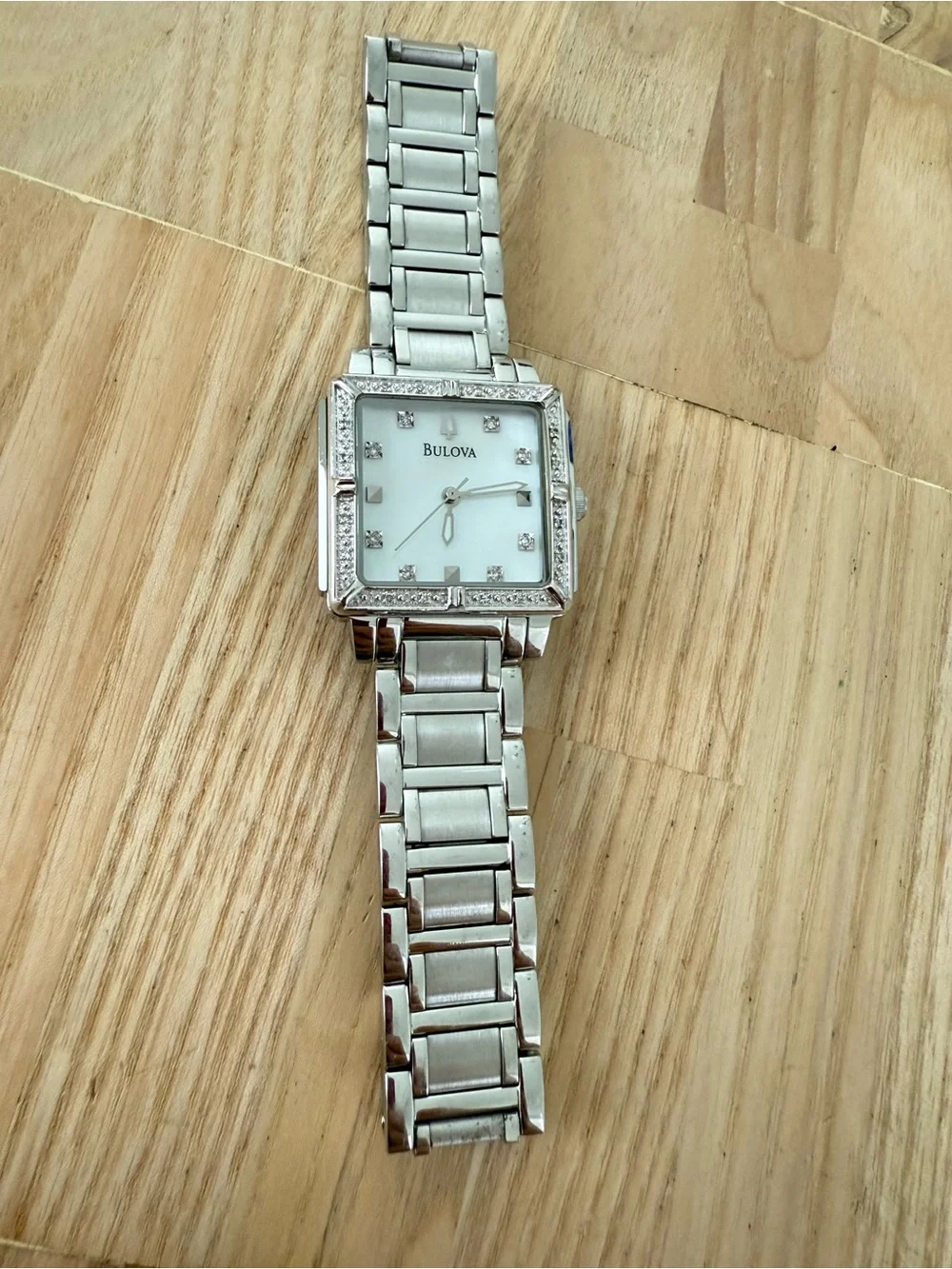 Bulova Silver Tone Mother-of-Pearl Dial Crystal Accent Ladies Watch